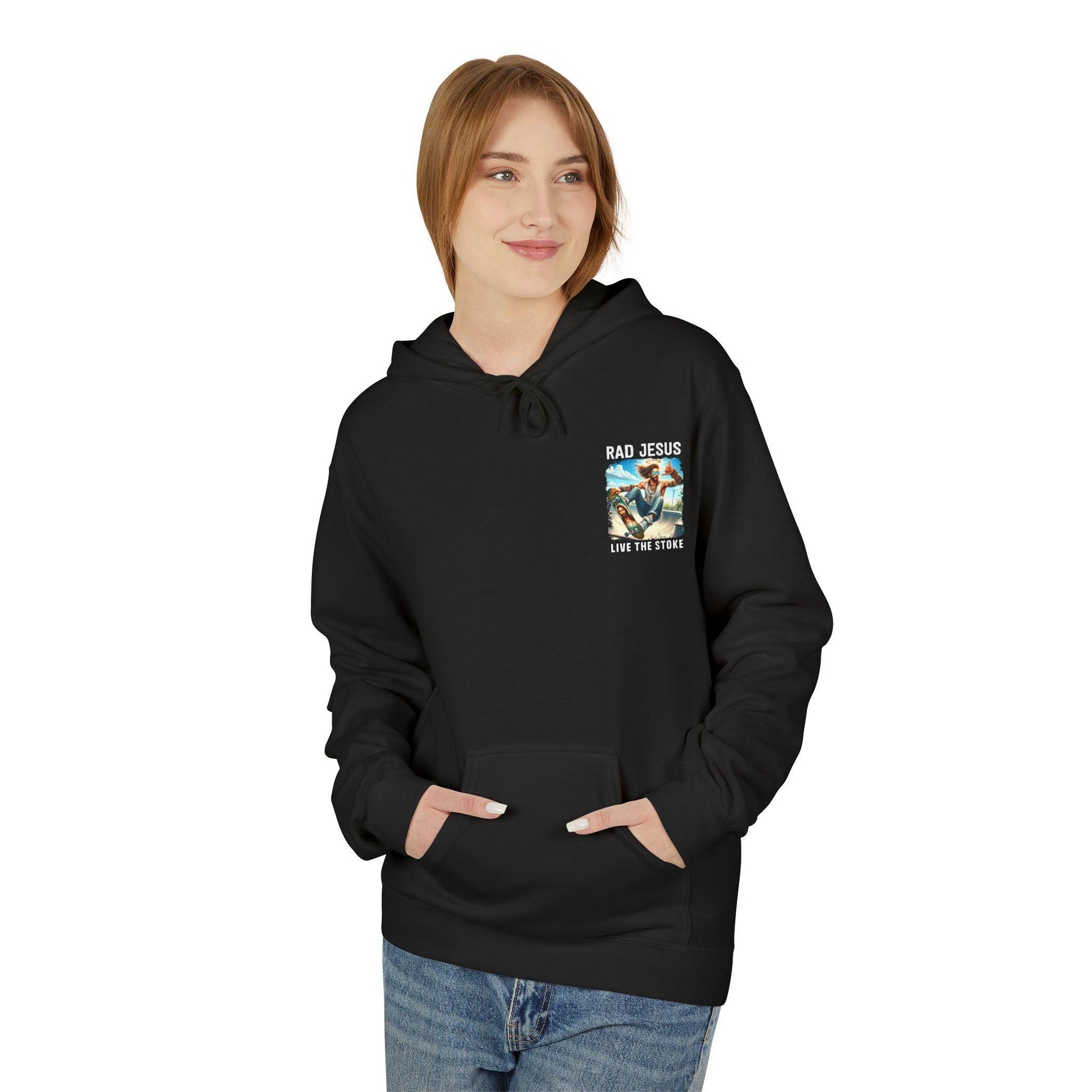 front of woman wearing black pocket print hoodie 