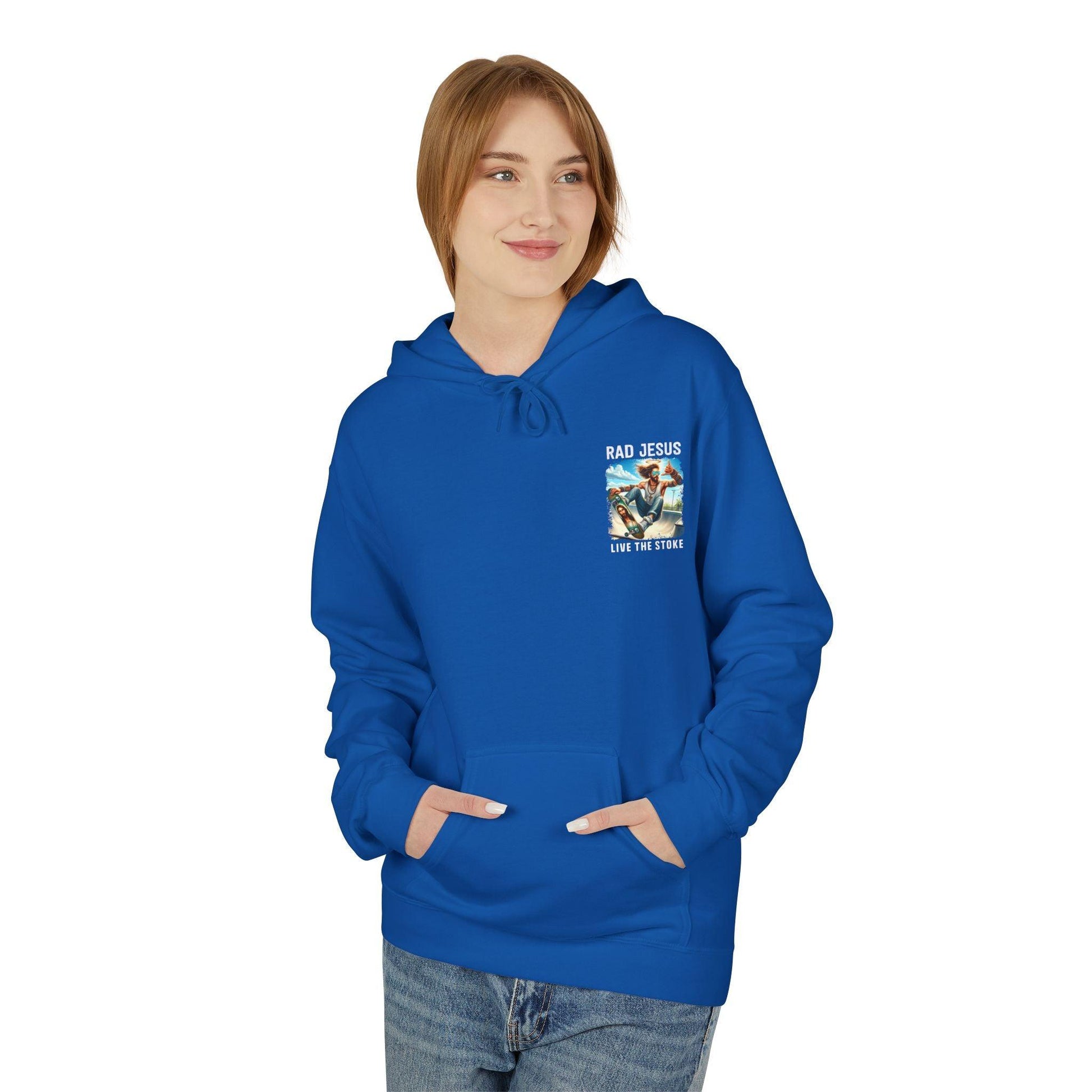 front of woman wearing blue pocket print hoodie