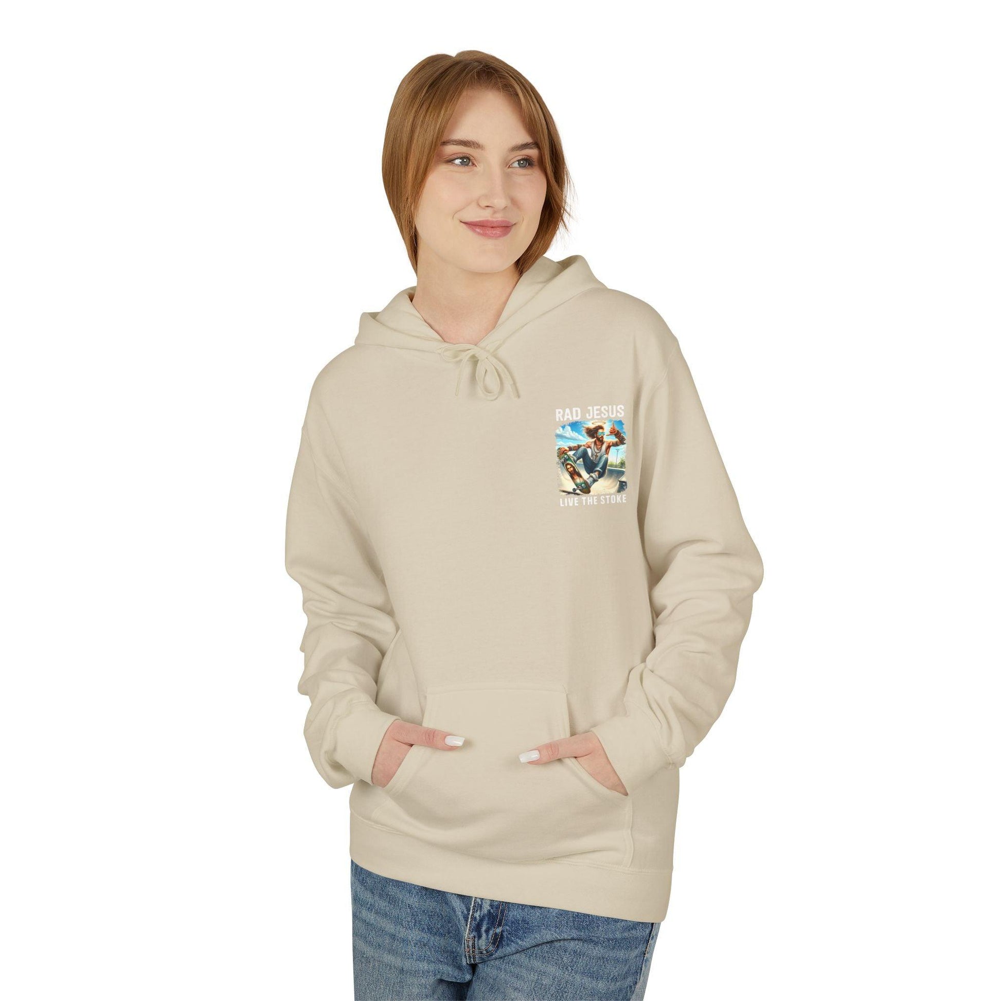 front of woman wearing creme pocket print hoodie