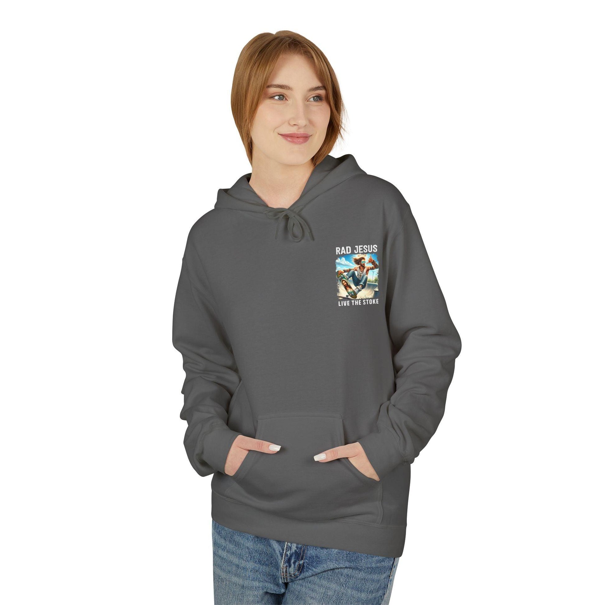 front of woman wearing grey pocket print hoodie