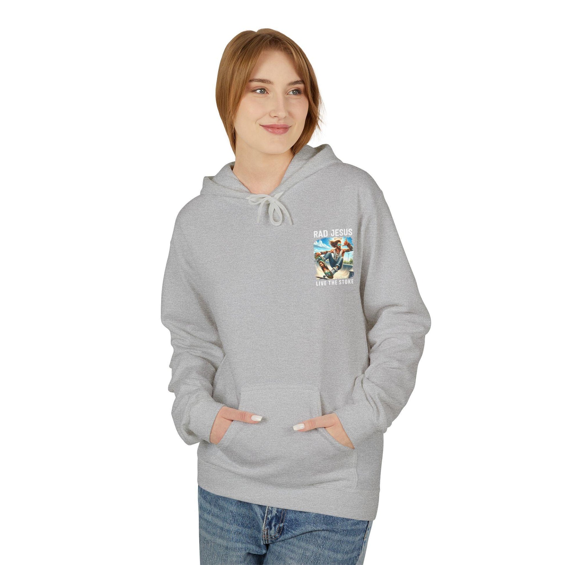 front of woman wearing light grey pocket print hoodie 