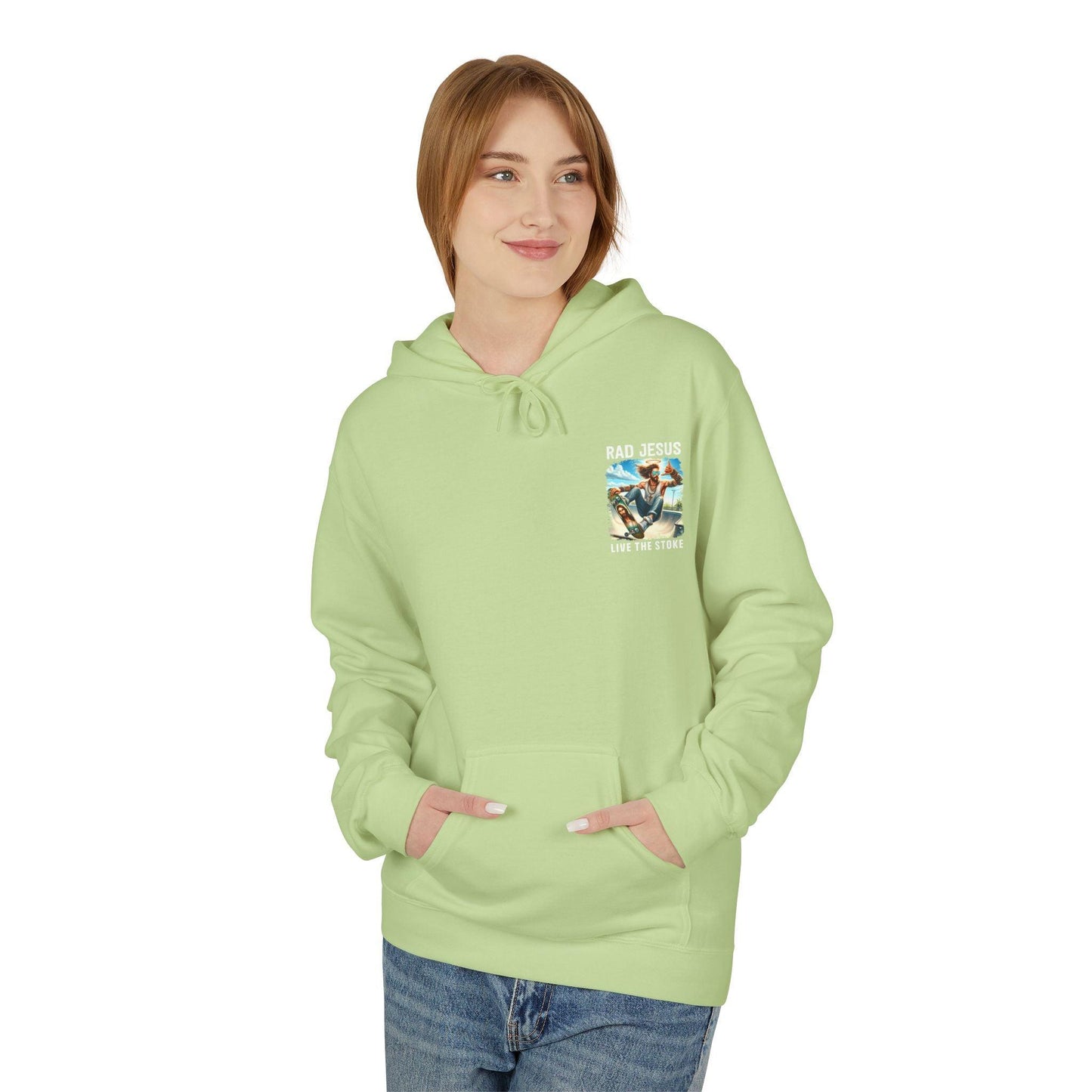 front of woman wearing lime green pocket print hoodie