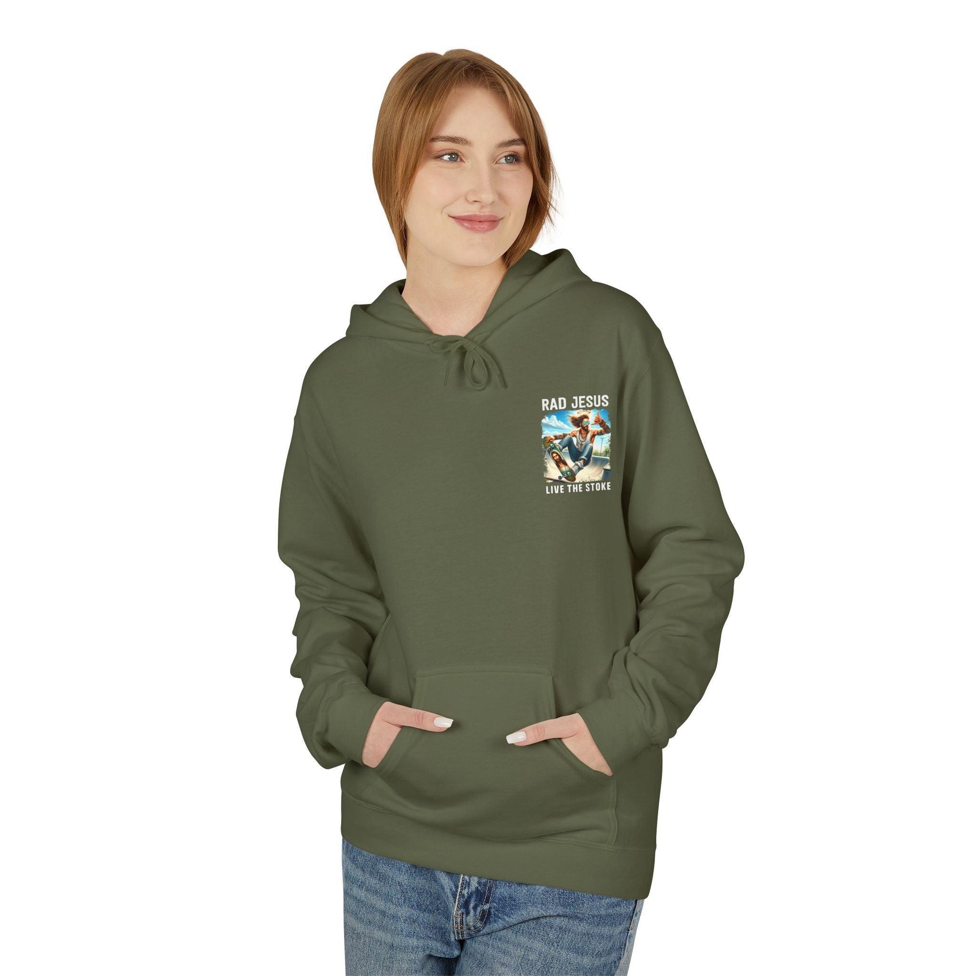 front of woman wearing olive green pocket print hoodie