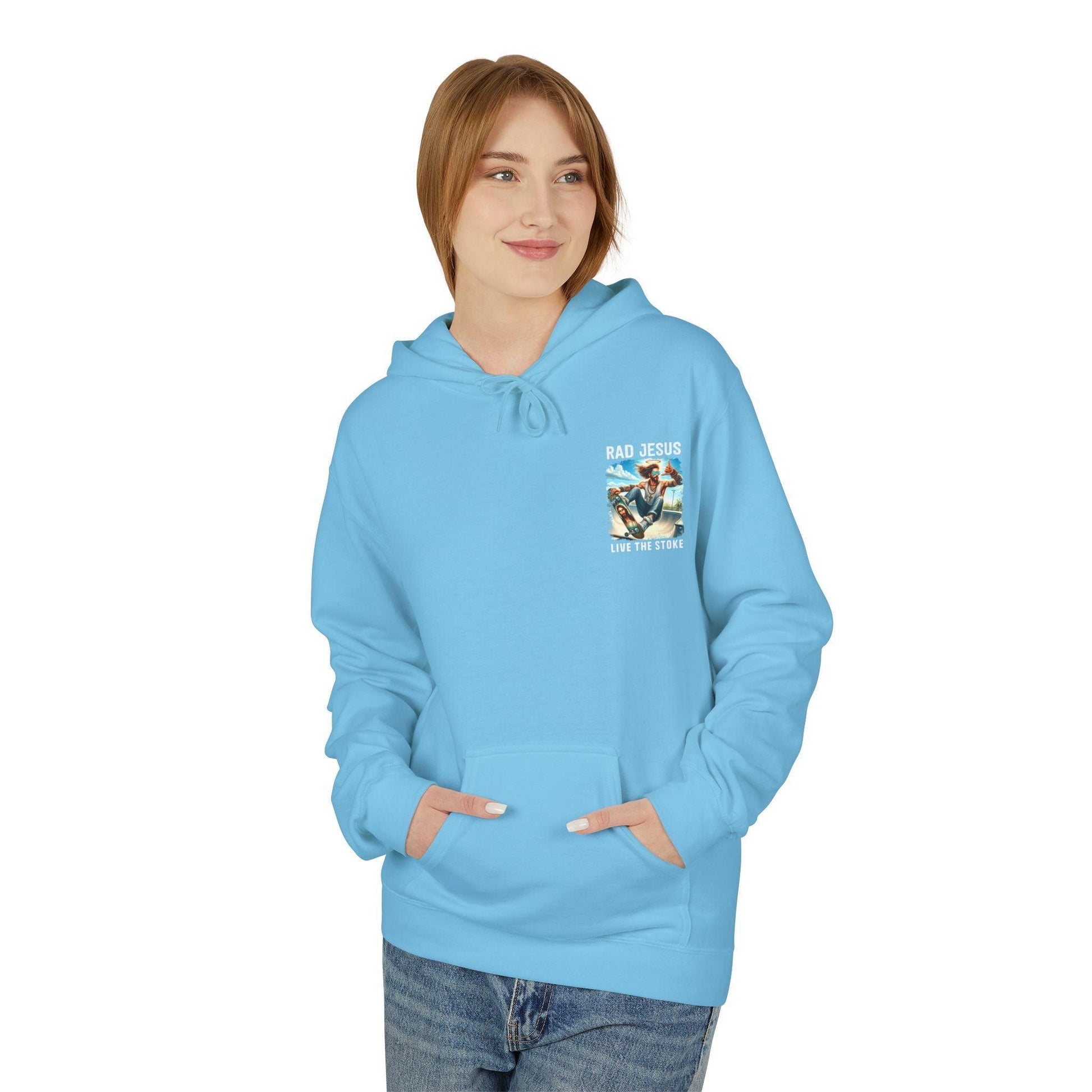 front of woman wearing sky blue pocket print hoodie