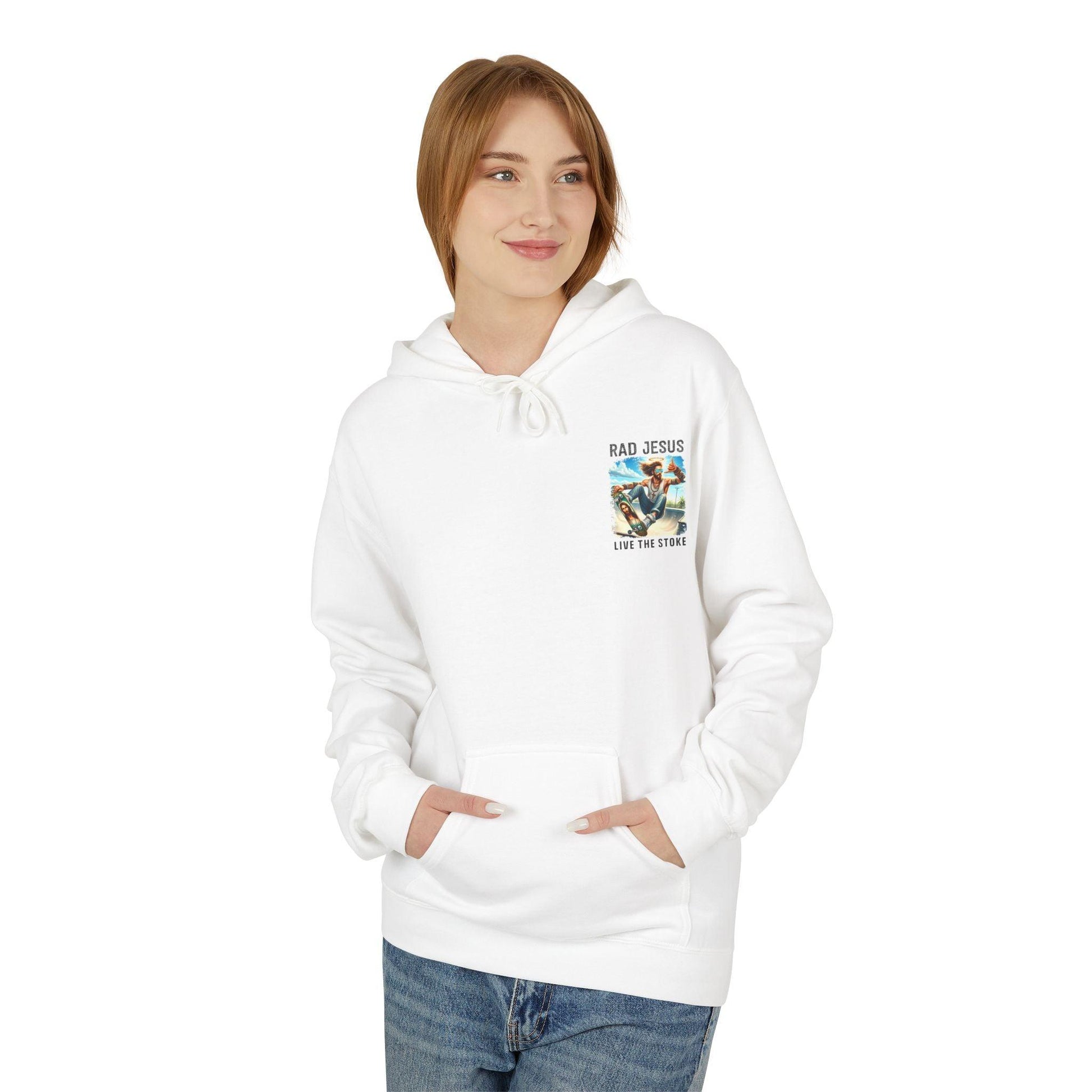 front of woman wearing white pocket print hoodie 