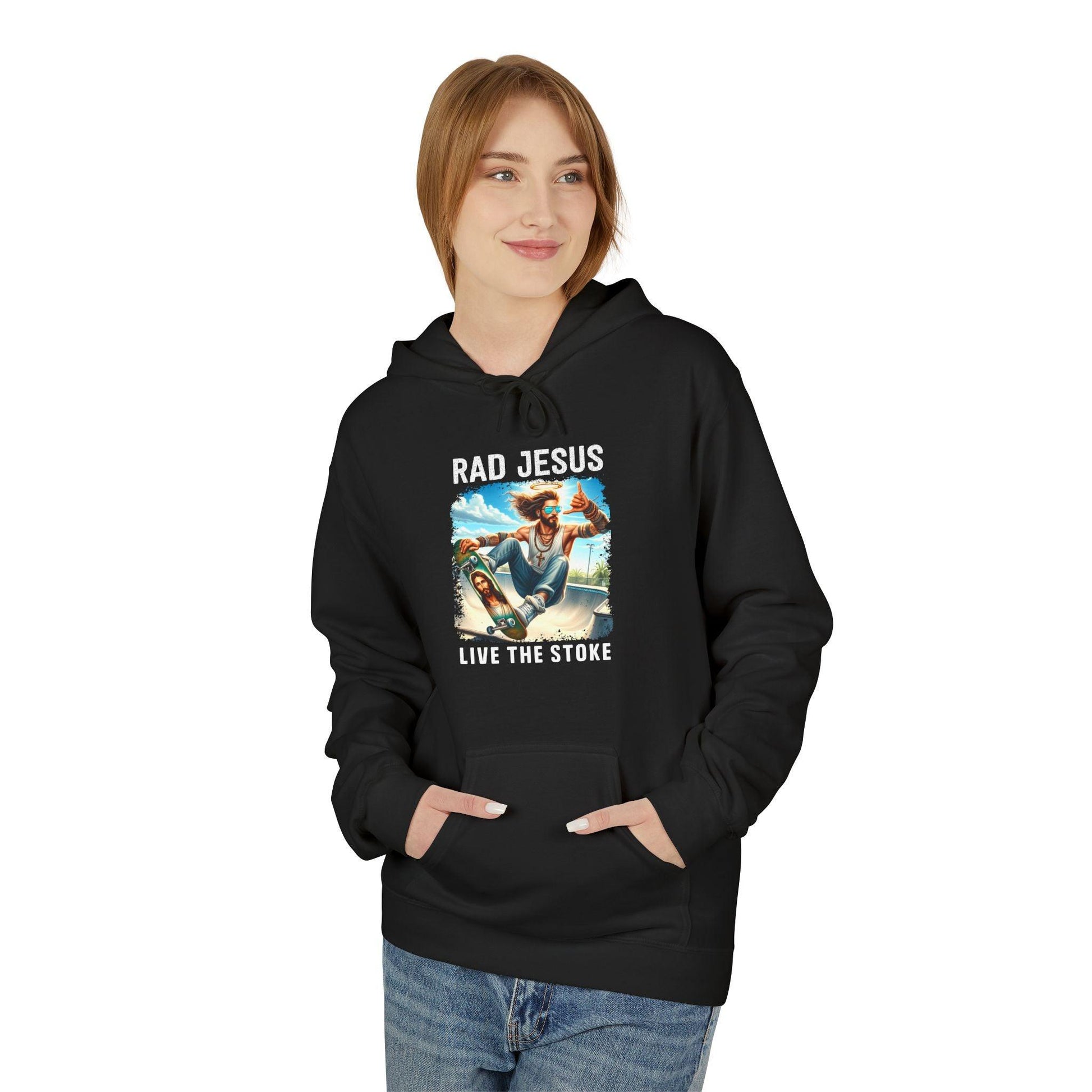 front of woman wearing black skateboarding graphic hoodie