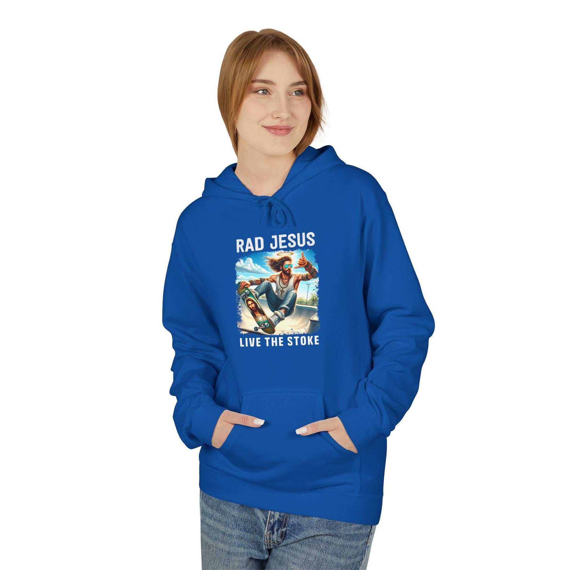 front of woman wearing blue skateboarding graphic hoodie