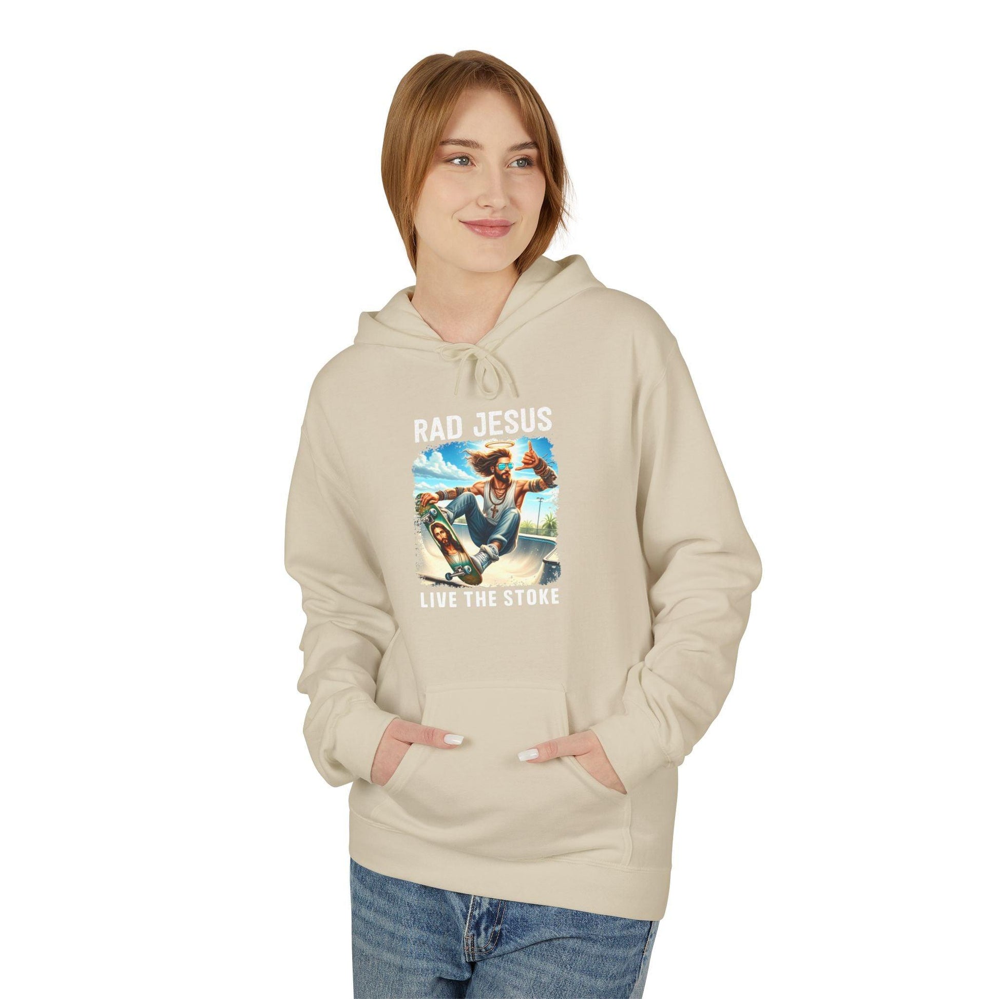 front of woman wearing creme skateboarding graphic hoodie