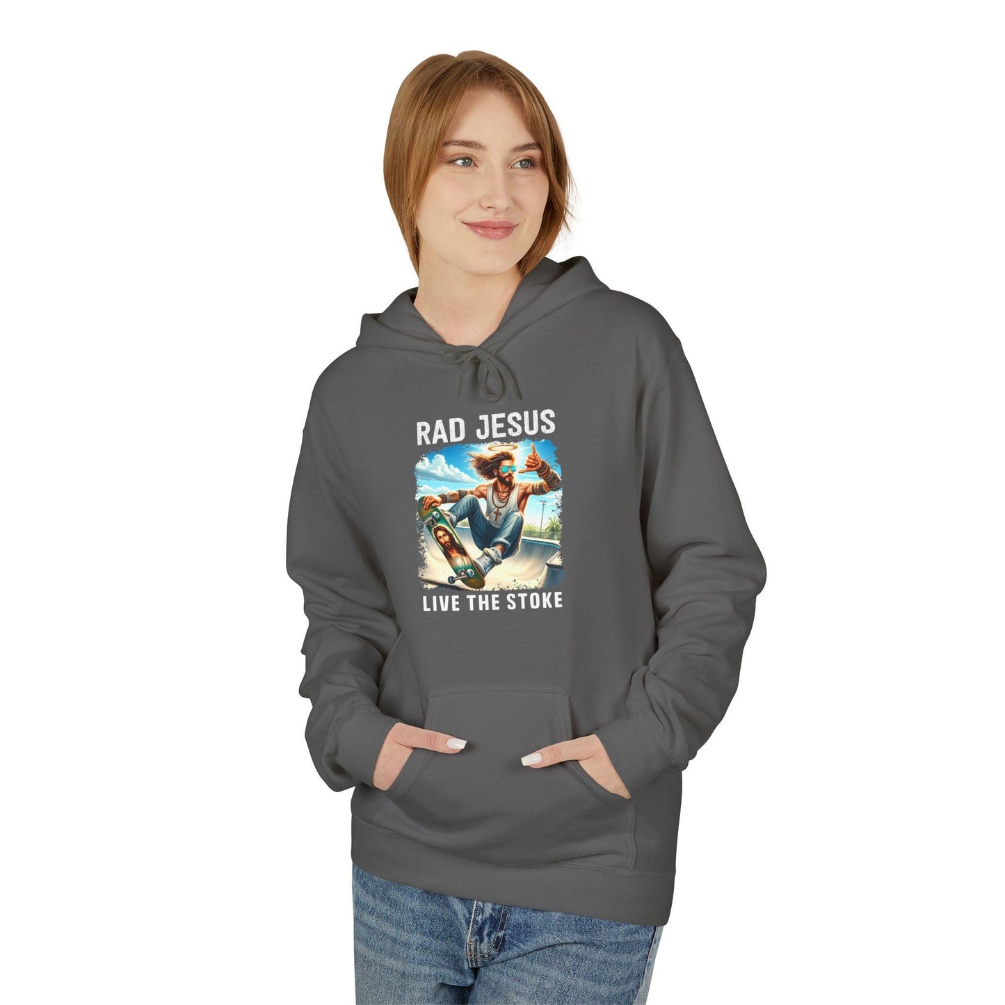 front of woman wearing grey skateboarding graphic hoodie