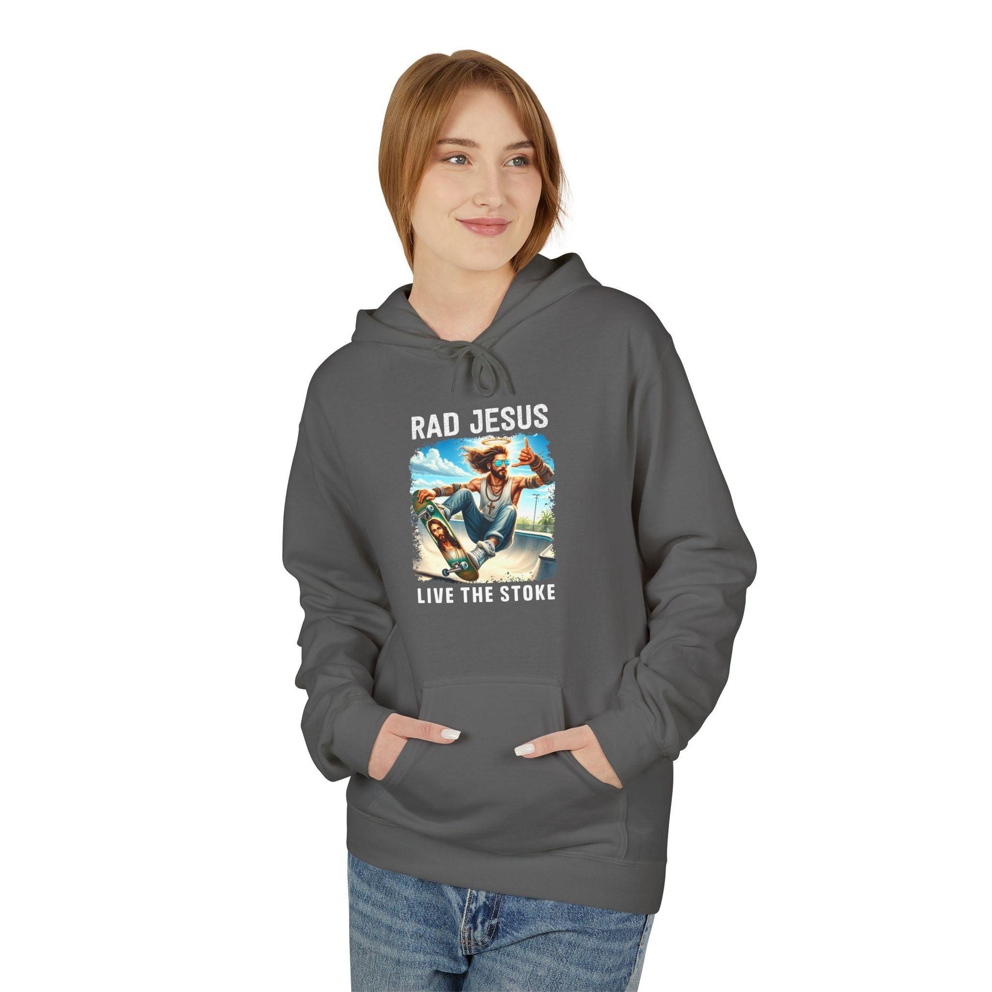 front of woman wearing grey skateboarding graphic hoodie
