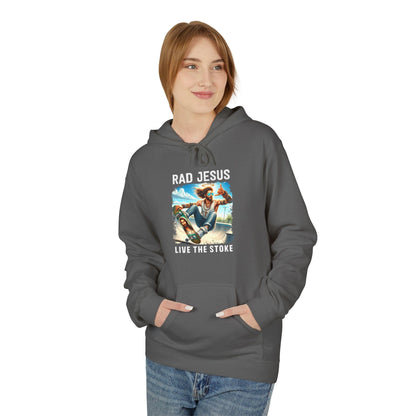 front of woman wearing grey skateboarding graphic hoodie