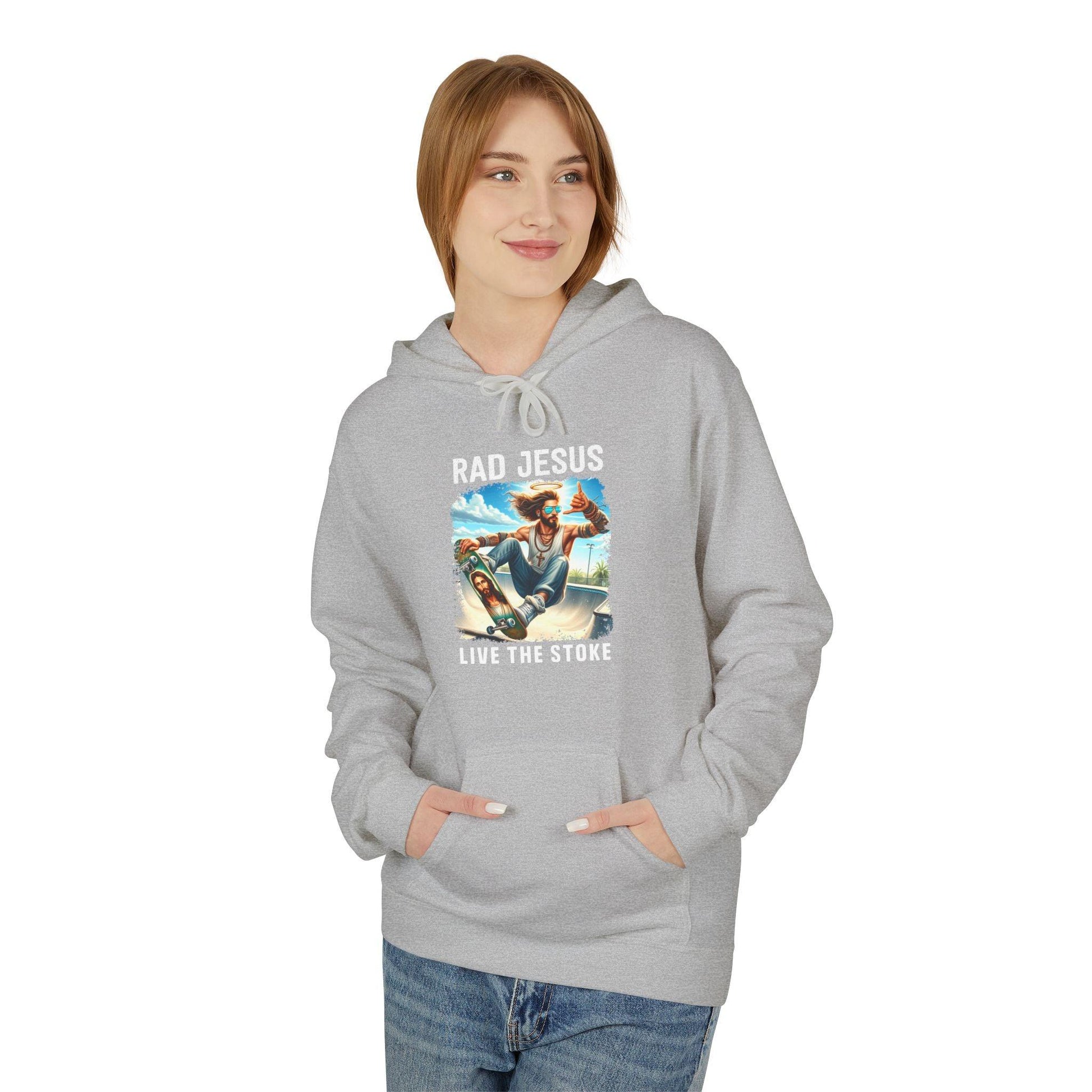 front of woman wearing light grey skateboarding graphic hoodie 