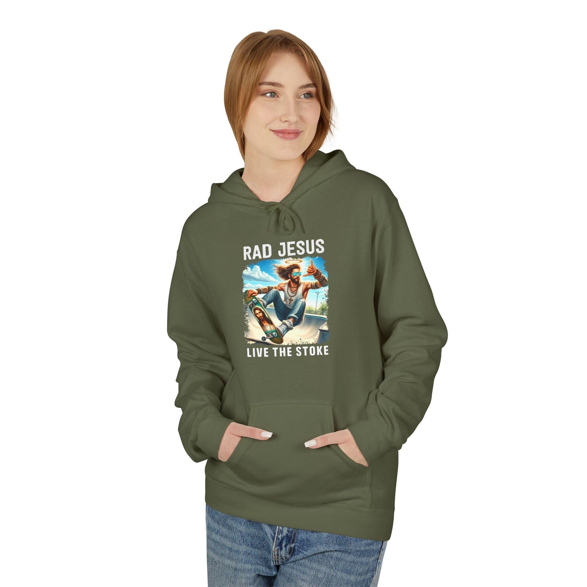 front of woman wearing olive green skateboarding graphic hoodie