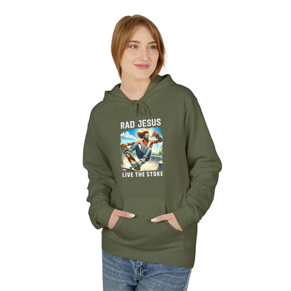 front of woman wearing olive green skateboarding graphic hoodie