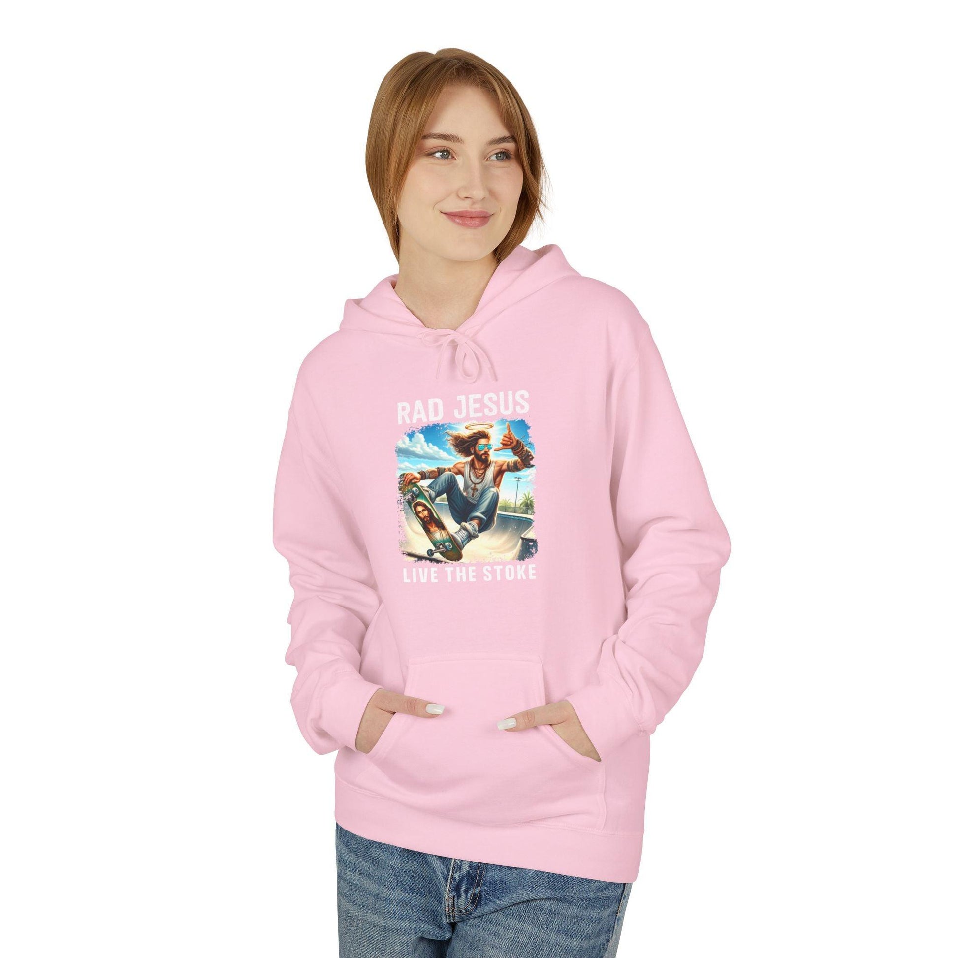 front of woman wearing pink skateboarding graphic hoodie
