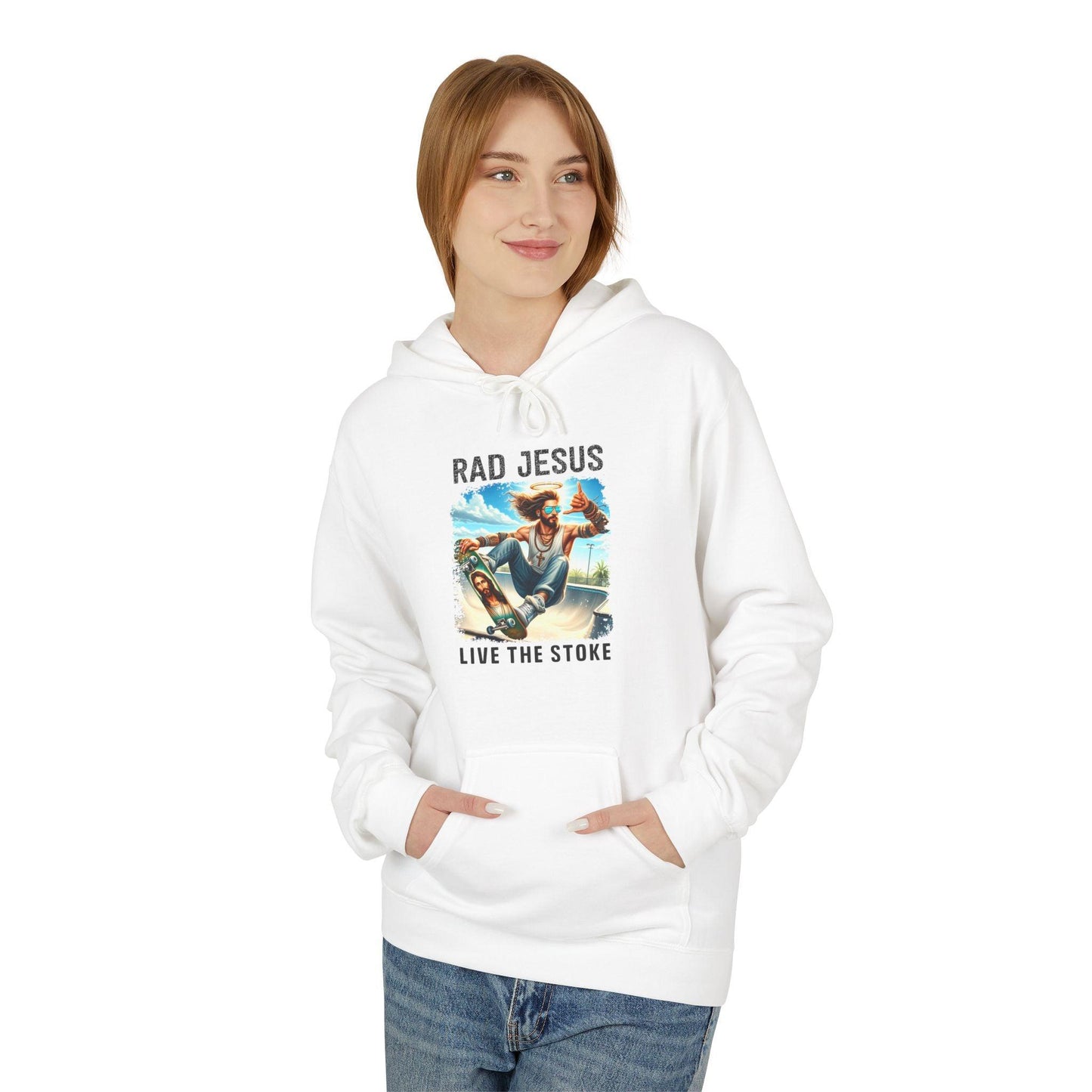 front of woman wearing white skateboarding graphic hoodie