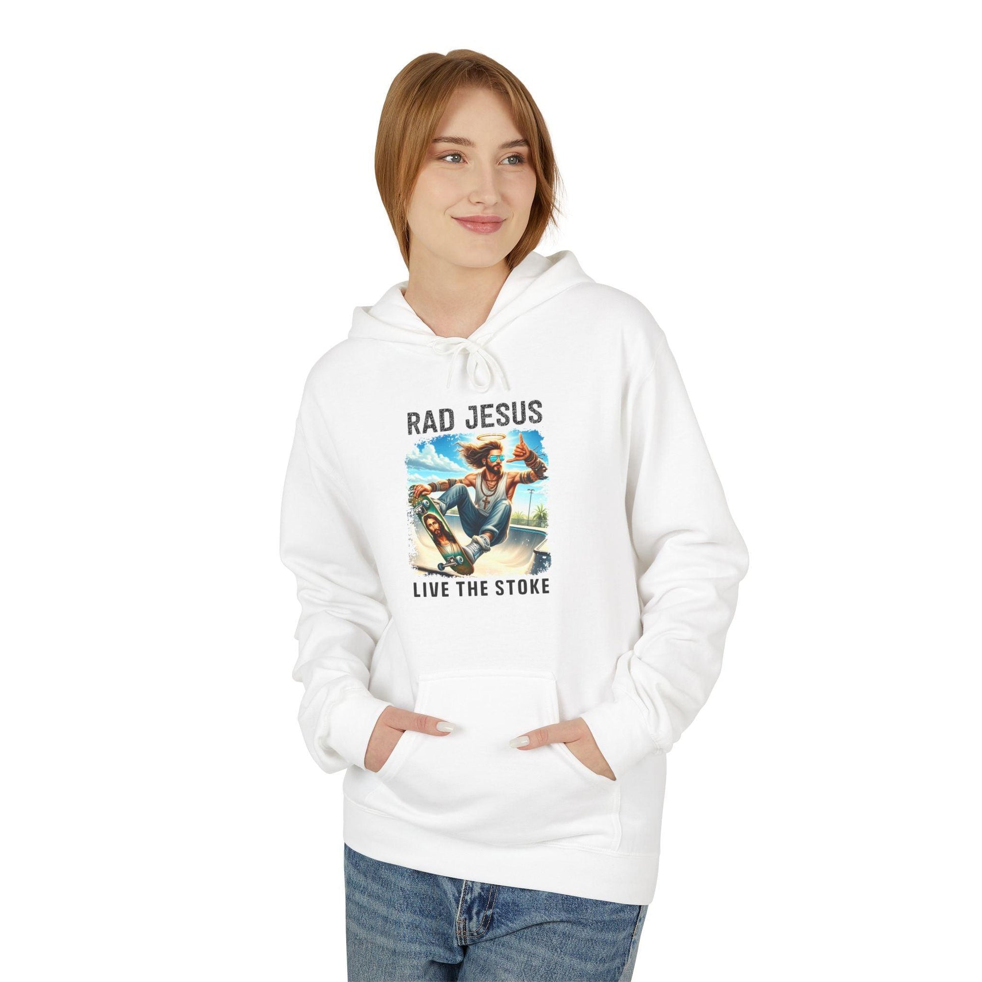 front of woman wearing white skateboarding graphic hoodie