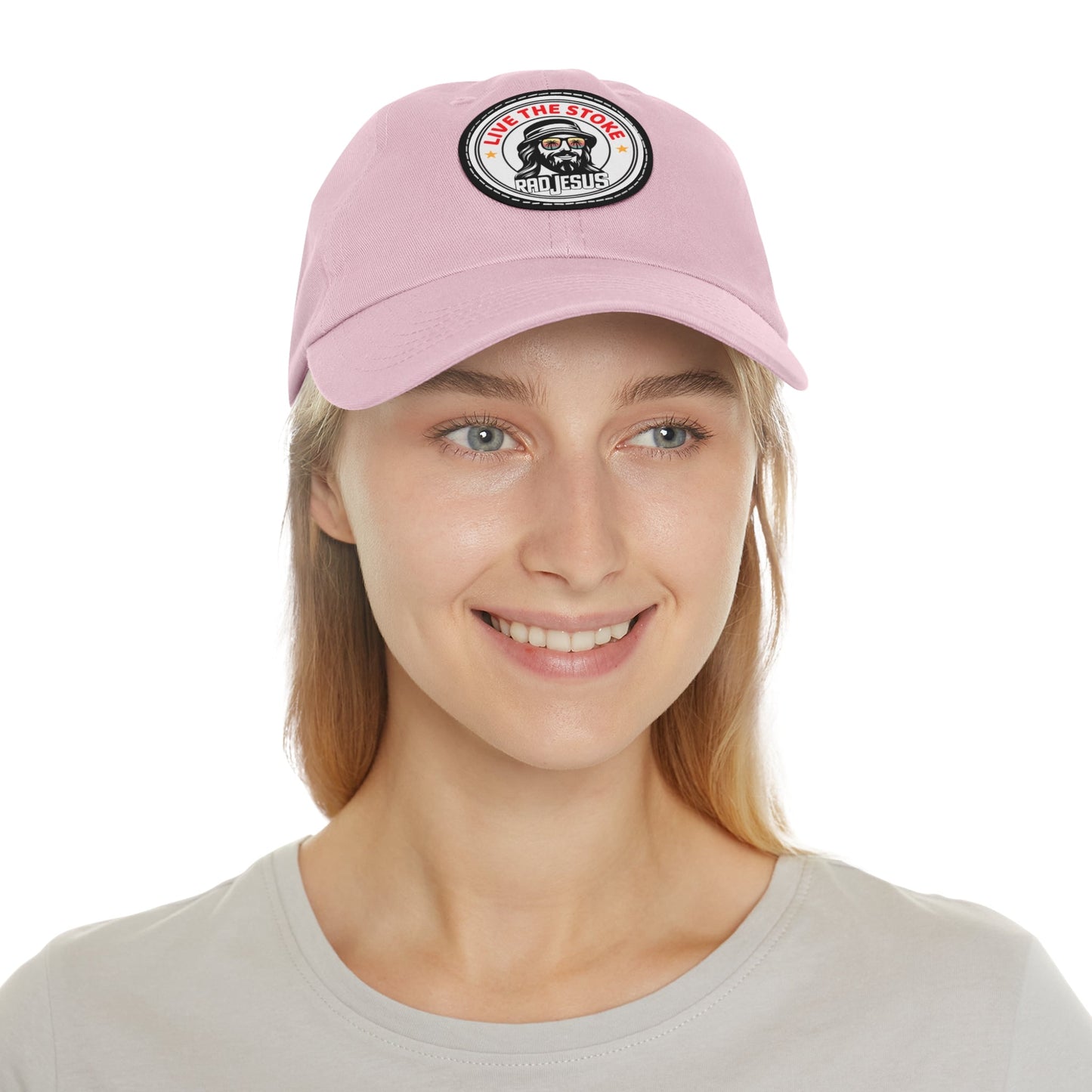 "Live Give Repeat" woman wearing pink rad jesus hat