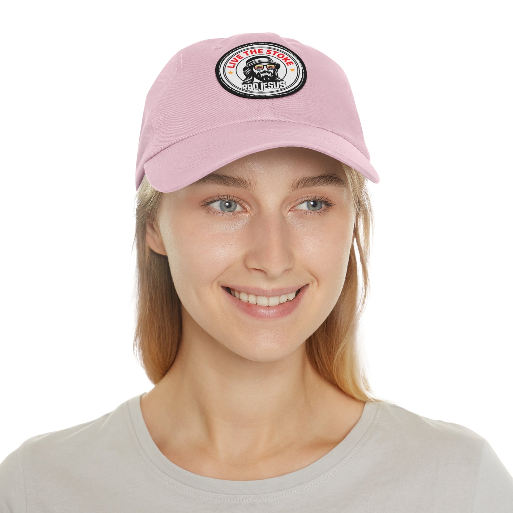 "Live Give Repeat" woman wearing pink rad jesus hat