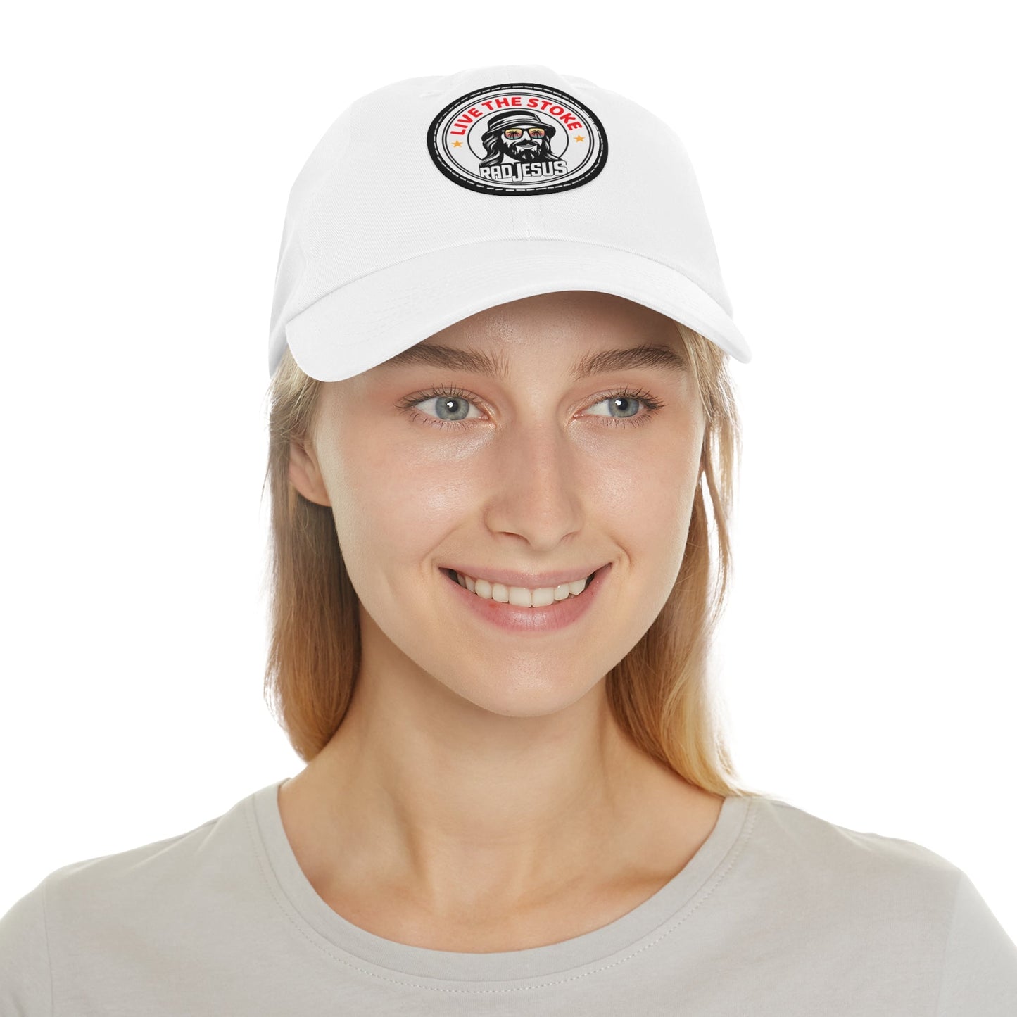 "Live Give Repeat" woman wearing white rad jesus hat 