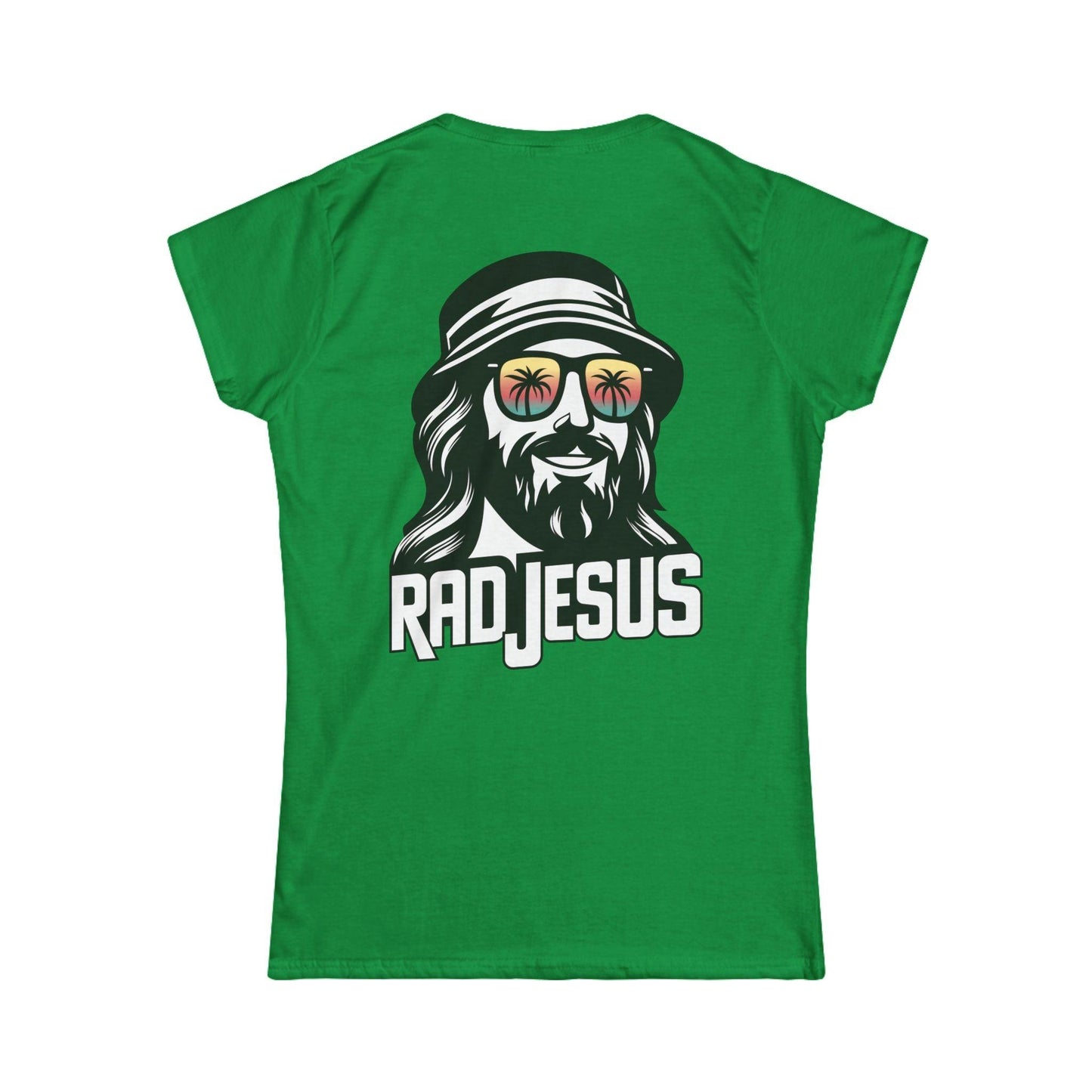 green women's print on back shirt 