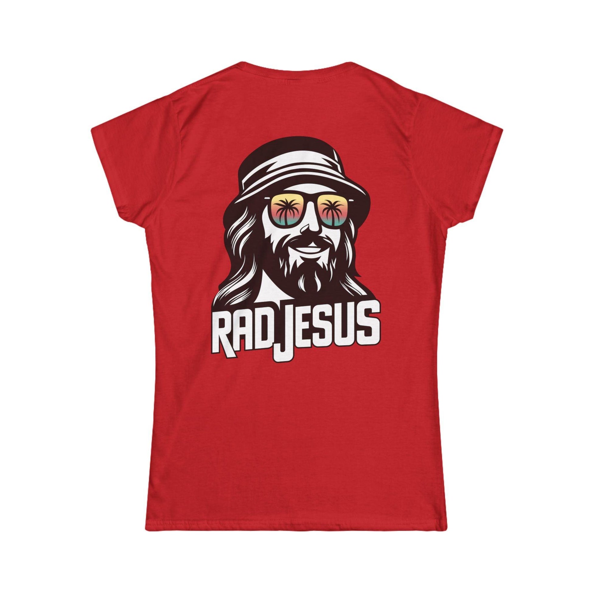 red women's print on back shirt