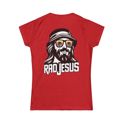 red women's print on back shirt