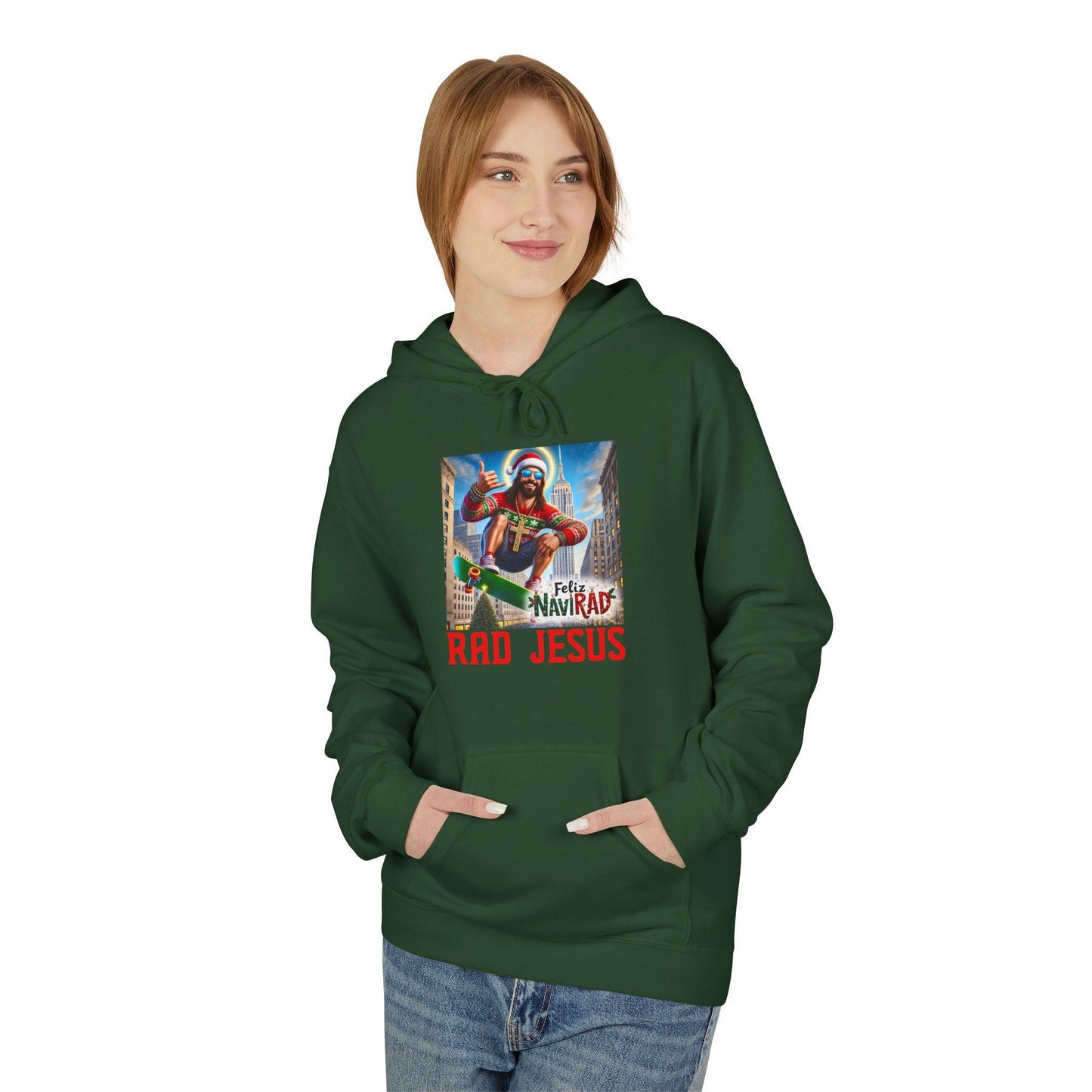 woman wearing dark green Feliz NaviRAD Hoodie
